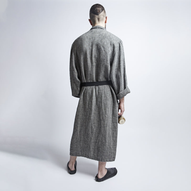 Linen Men's Bathrobe - Black Fishbone