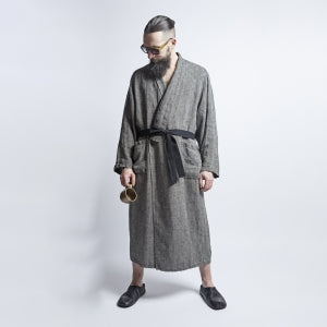 Linen Men's Bathrobe - Black Fishbone